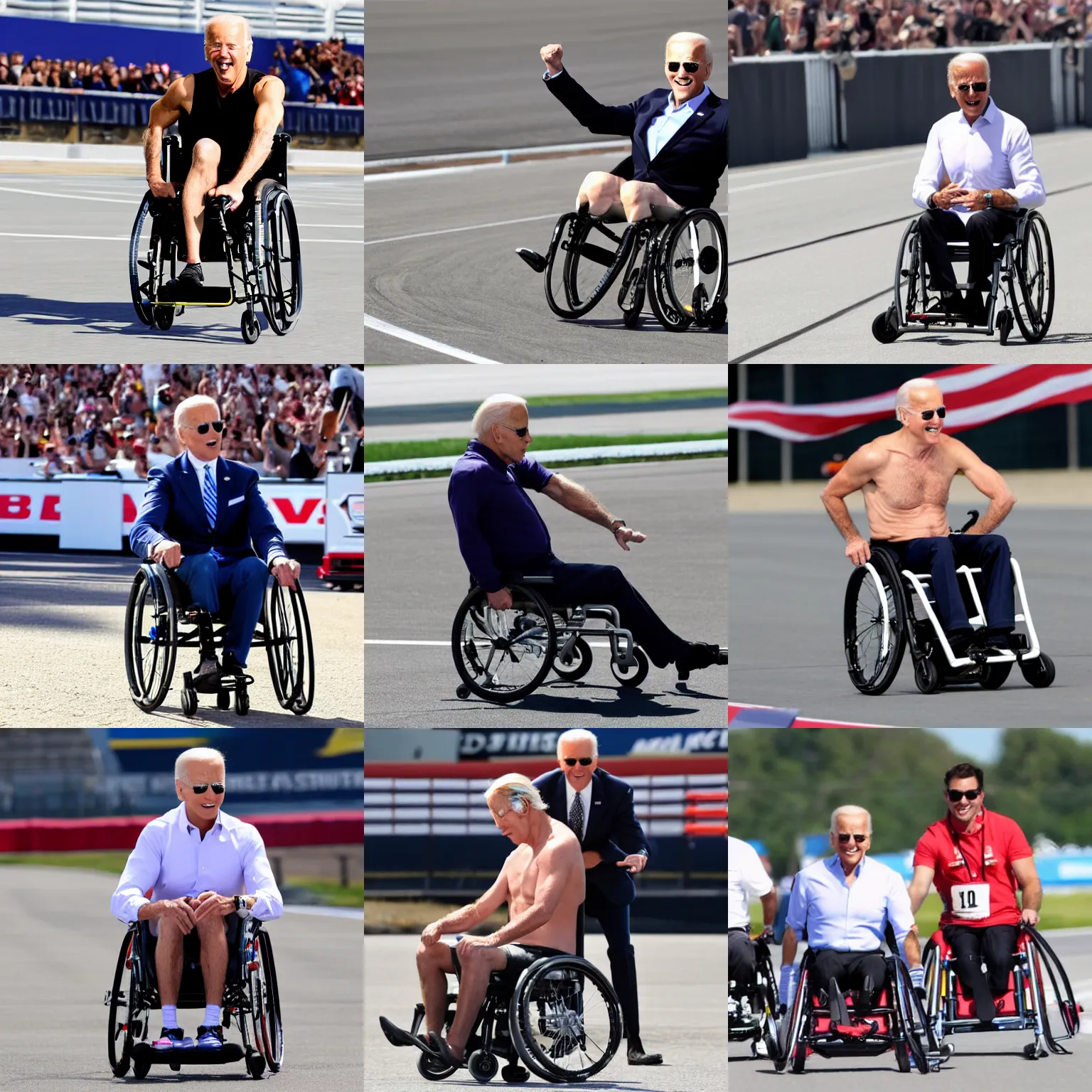 Prompt: shirtless joe biden riding a wheelchair on the racetrack