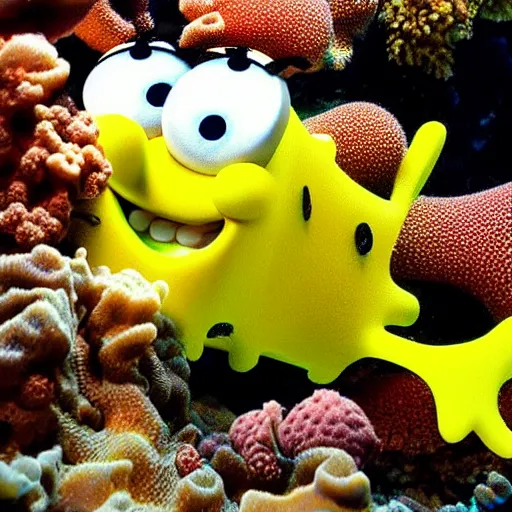 Prompt: High detailed shot of a Sponge that looks exactly like Spongebob found along a coral reef