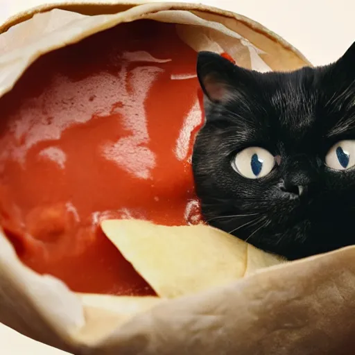 Image similar to a cute cat trapped in a burrito, covered in ketchup and mayonnaise