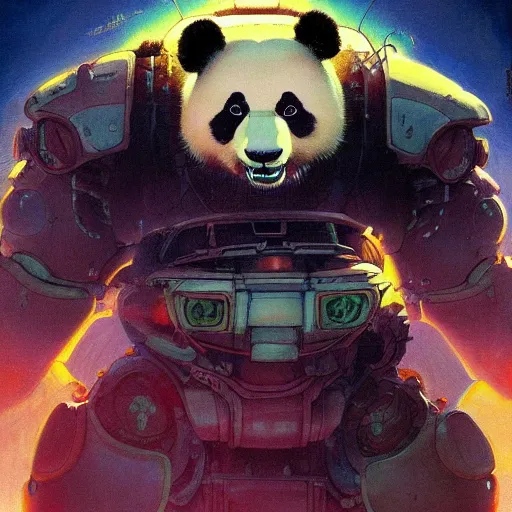 Image similar to a panda mecha, reflective detailed textures. glowing colorful fog, dark background. highly detailed fantasy science fiction painting by moebius, norman rockwell, frank frazetta, and syd mead. rich colors, high contrast. trending on artstation