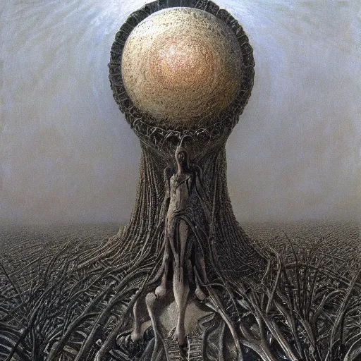 Image similar to The queen of the sun by Zdzislaw Beksinski, Jeffrey Smith and H.R. Giger, oil on canvas, 8k highly professionally detailed, trending on artstation