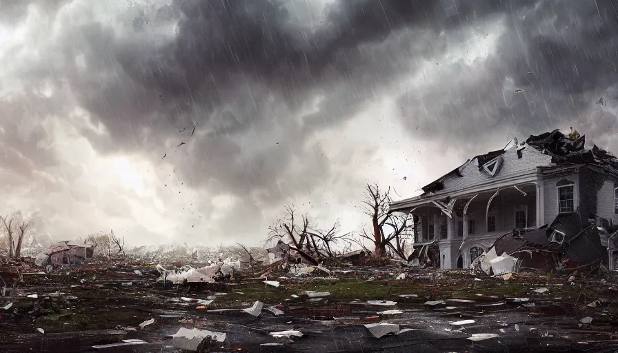 Image similar to white house destroyed by tornado, thunderstorm, rain, debris, black clouds, hyperdetailed, artstation, cgsociety, 8 k