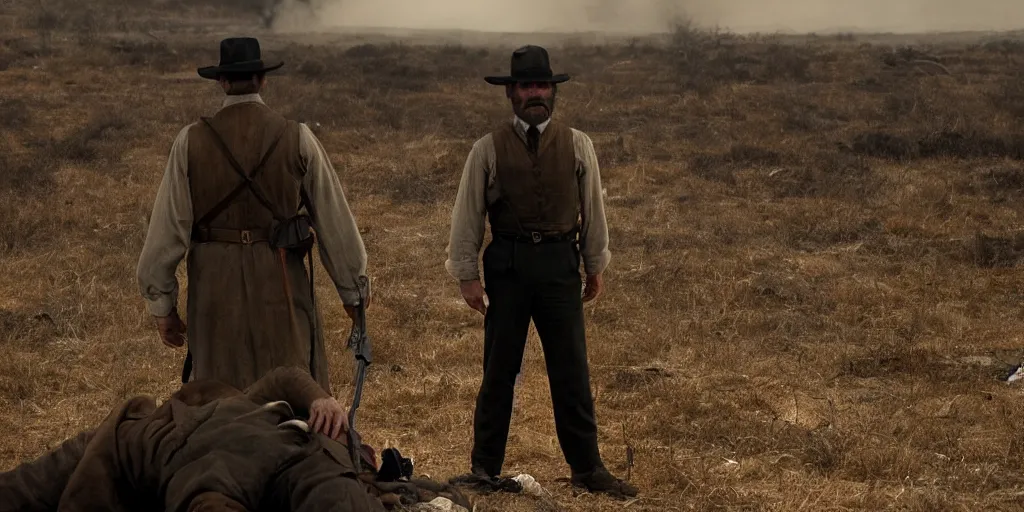 Image similar to Joaquin Phoenix as Daniel Plainview in 'There Will Be Blood' (2007), movie still frame, oscar nominated cinematography, volumetric lighting, 8k resolution, beautiful composition