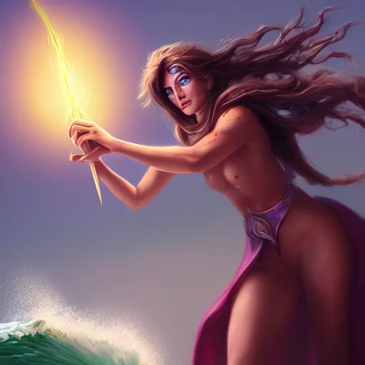 Prompt: sorceress casting a spell to stop a massive wave, trending on artstation, fantasy