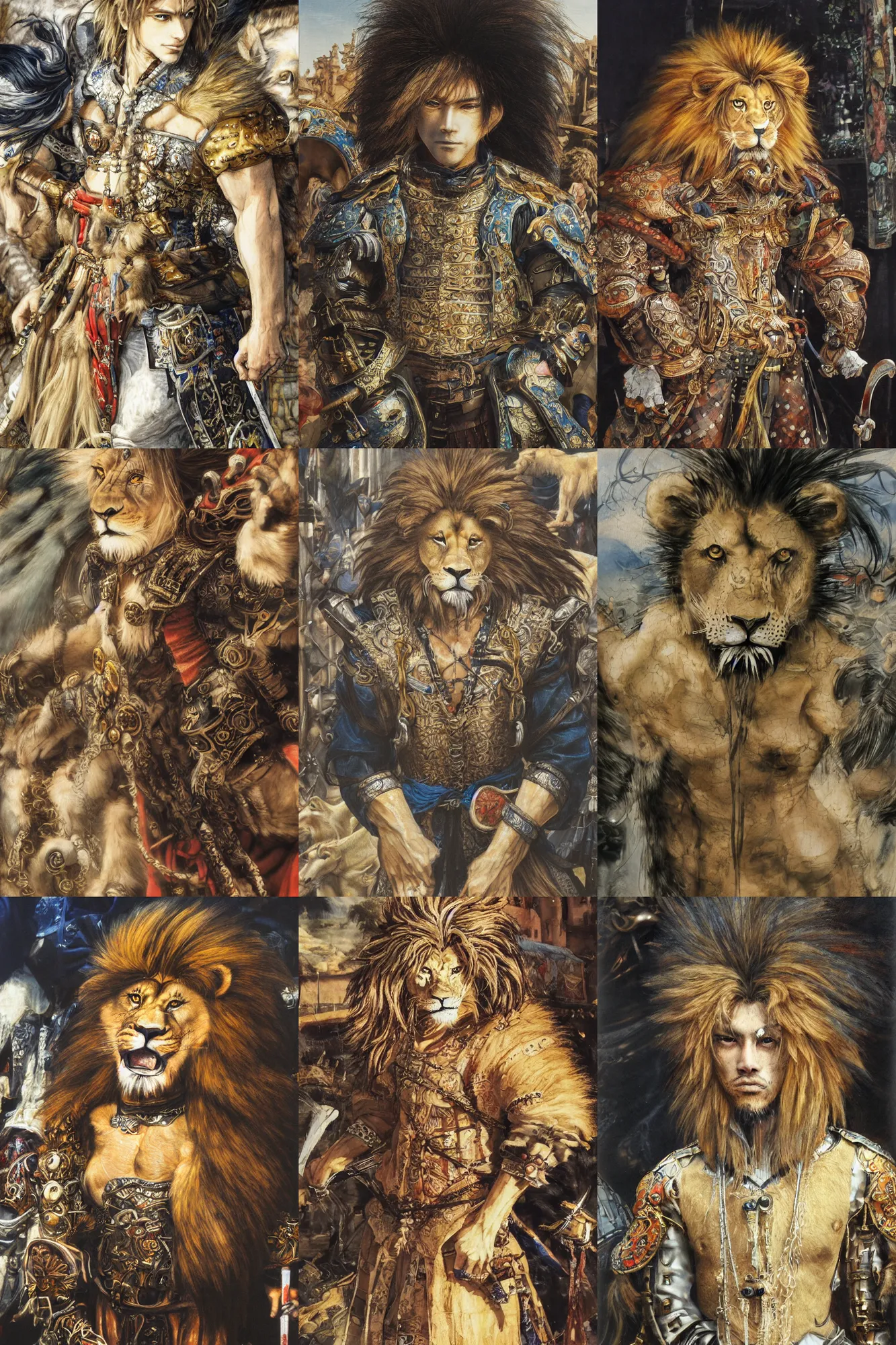 Prompt: 8 k yoshitaka amano painting of upper body of a young cool looking lion beastman with white mane at a medieval market at windy day. depth of field. he is wearing complex fantasy clothing. he has huge paws. renaissance style lighting.