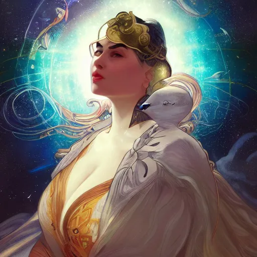 Prompt: Portrait of fat pigeon in space, dark fantasy, intricate, elegant, highly detailed, digital painting, artstation, concept art, smooth, sharp focus, illustration, art by Sam Youn and Fernanda Suarez and Artem Demura and alphonse mucha