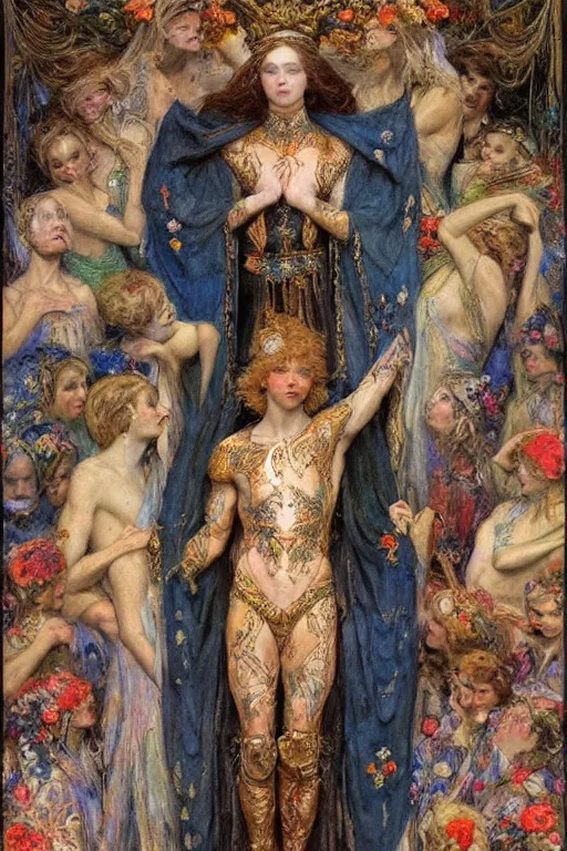 Prompt: coronation of the flower prince, by Annie Swynnerton and Gaston Bussière, embroidered brocade, tattoos, elaborate costume, geometric ornament, symbolist, rich colors, dramatic lighting, smooth, sharp focus, extremely detailed