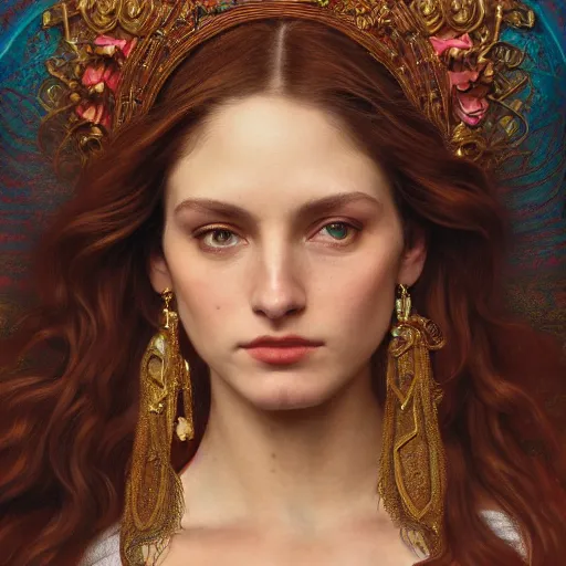 Image similar to an portrait of a beautiful alluring female goddess, detailed, centered, digital painting, artstation, concept art, donato giancola, Dante Gabriel Rossetti, alphonse mucha, Joseph Christian Leyendecker, WLOP, Boris Vallejo, Breathtaking, 8k resolution, extremely detailed, beautiful, establishing shot, artistic, hyperrealistic, beautiful face, octane render