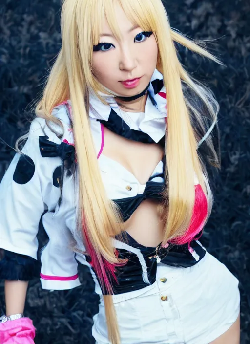 Prompt: a film still of junko enoshima, a japanese gyaru model with thick blonde pigtails, blue eyes, and gyaru fashion, villianess, fashion photography