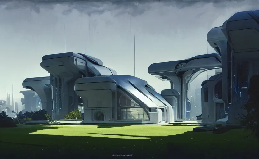 Prompt: painting of a wide angle exterior shot of a white modern futuristic cyberpunk architecture in the middle of an english garden with cinematic lighting by peter zumthor and renzo piano, darek zabrocki and greg ruthkowski, alphonse mucha, simon stalenhag and cinematic and blue cold atmospheric, archillect concept art, artstation, trending on artstation