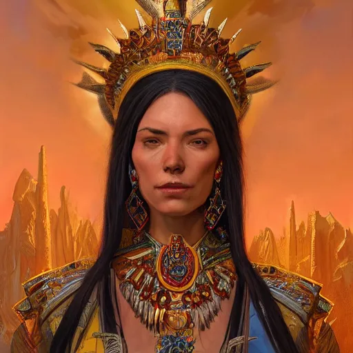 Image similar to an portrait of an happy female aztec empress, detailed, centered, digital painting, artstation, concept art, donato giancola, Joseph Christian Leyendecker, WLOP, Boris Vallejo, Breathtaking, 8k resolution, extremely detailed, beautiful, establishing shot, artistic, hyperrealistic, beautiful face, octane render