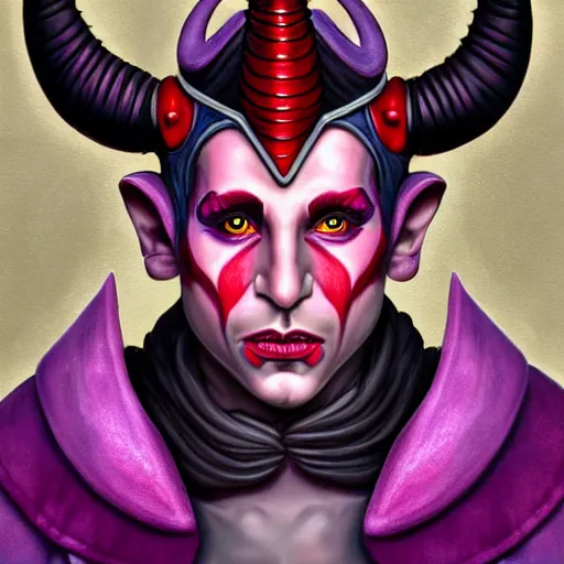 Prompt: detailed, symmetrical, close - up, airbrush art portrait of a level 5 tiefling d & d bard | he has purple skin and red horns | background is black and red