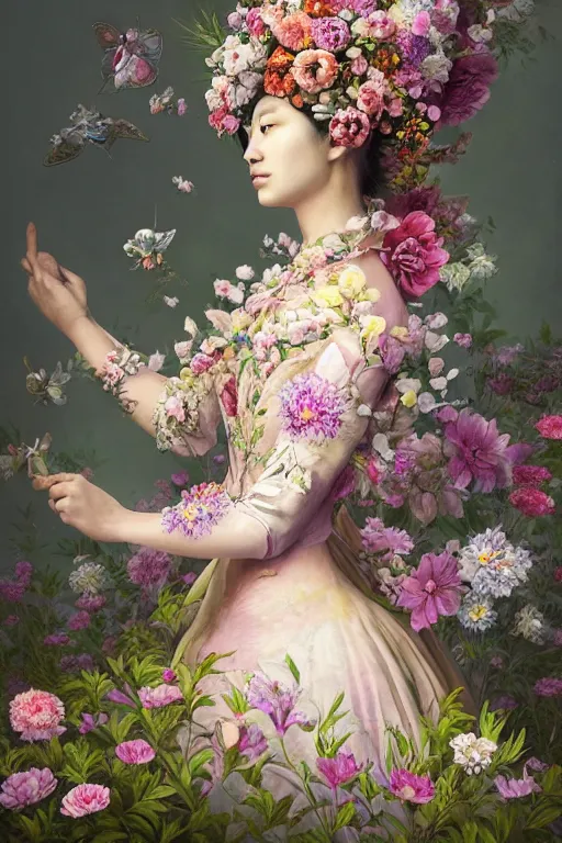 Image similar to a beautiful portrait of an empress in her garden, with a brilliant, impossible striking big flower headpiece, clothes entirely made out of flowers, symmetrical, closeup, dramatic studio lighting, rococo, baroque, jewels, asian, hyperrealism, D&D, fantasy, intricate, elegant, highly detailed, digital painting, artstation, octane render, 8k, concept art, matte, sharp focus, illustration, art by Artgerm and Greg Rutkowski and Alphonse Mucha