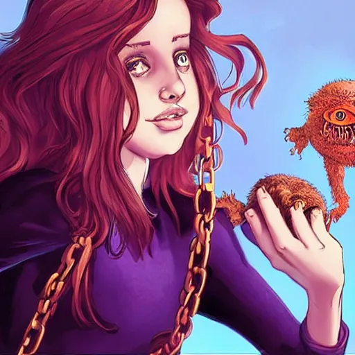 Image similar to perfect young woman holds her horrifying monster pet by chain, comic book cover