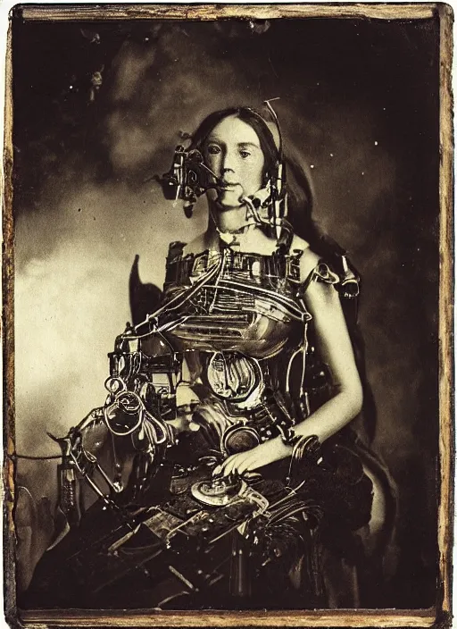 Image similar to old wetplate daguerreotype portrait of birth of lady justice cyborg, explosion of data fragments, fractal, intricate, elegant, highly detailed, parallax, leica, medium format, subsurface scattering, portrait, elegant, highly detailed, matte painting, by stanley spencer