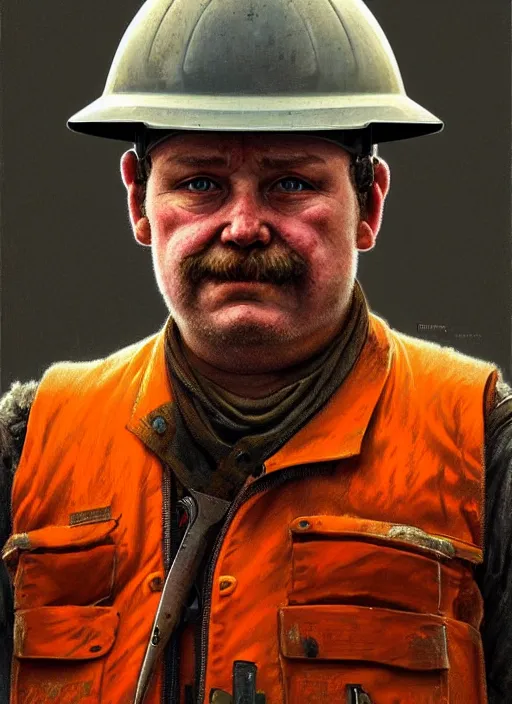 Prompt: a russian railroad electrician!!!, male!!, wearing orange vest!! helmet, straps, siberian forest!!, portrait, dirty, fat, ugly, intricate, elegant, highly detailed, digital painting, artstation, concept art, wallpaper, smooth, sharp focus, illustration, art by artgerm and greg rutkowski and alphonse mucha