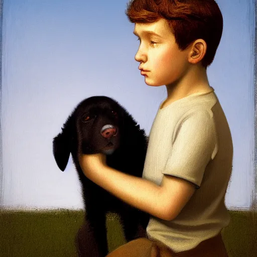 Image similar to a boy and his dog by Raphael, Hopper, and Rene Magritte. detailed, romantic, enchanting, trending on artstation.