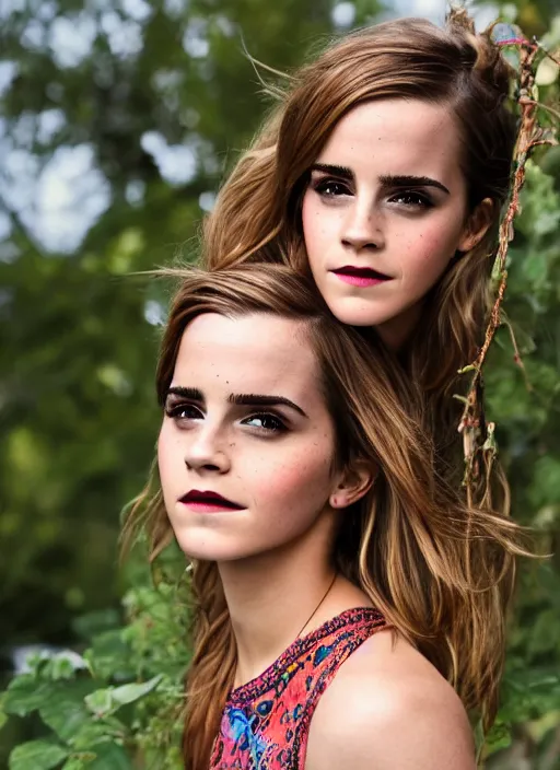 Image similar to Emma Watson for Victorian Secret, perfect face, hot summertime hippie, psychedelic swimsuit, private pool on the island, cloudy day, full length shot, XF IQ4, 150MP, 50mm, f/1.4, ISO 200, 1/160s, natural light, Adobe Photoshop, Adobe Lightroom, DxO Photolab, Corel PaintShop Pro, rule of thirds, symmetrical balance, depth layering, polarizing filter, Sense of Depth, AI enhanced