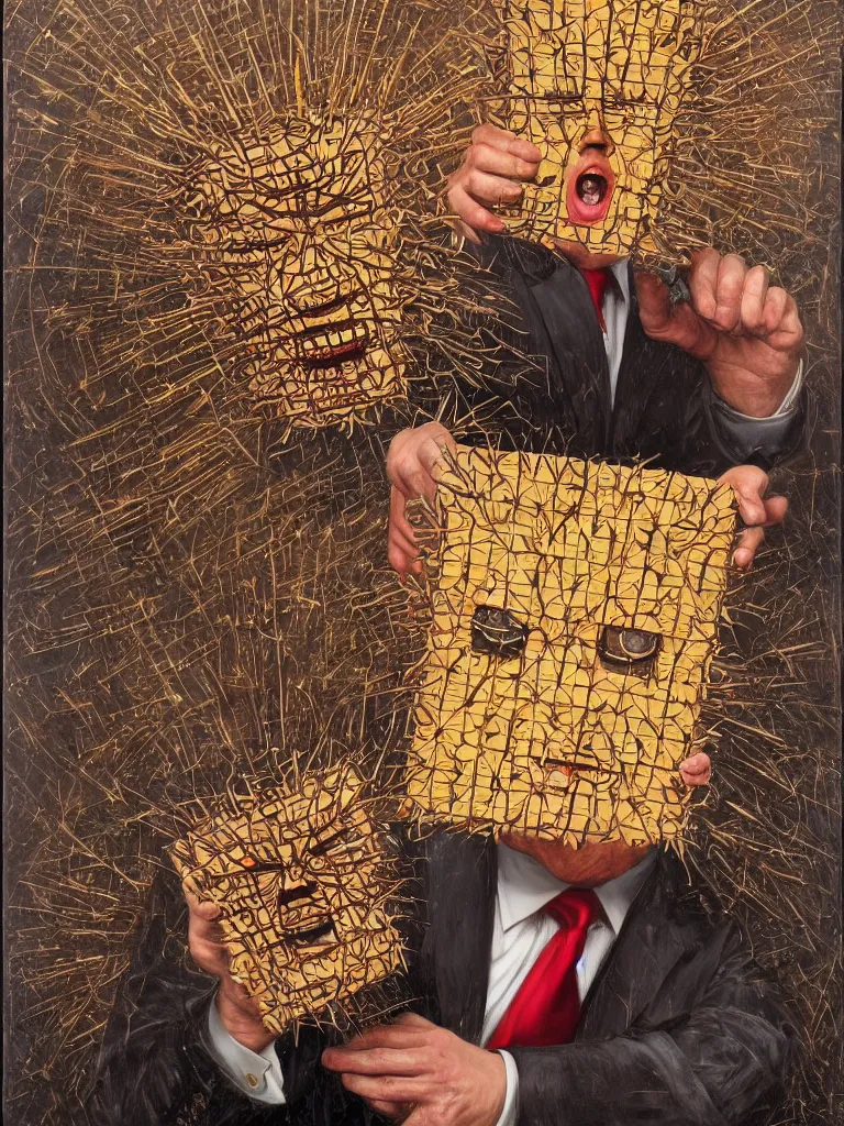 Prompt: donald trump hellraiser pinhead, holding a small box in his hands, dark gloomy hyperrealistic oil painting by james c christensen and alan bean