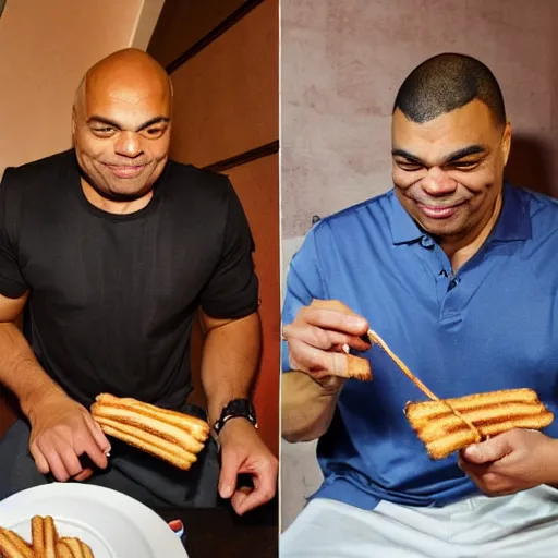 Prompt: Charles Barkley eating two churros at the same time