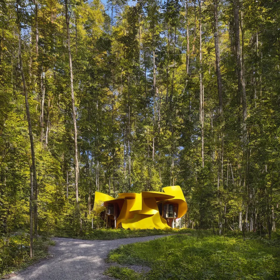 Prompt: a house in a taiga forest clearing from afar, designed by Frank Gehry. Tiles. Gravel pathway with parking. Film grain, cinematic, yellow hue