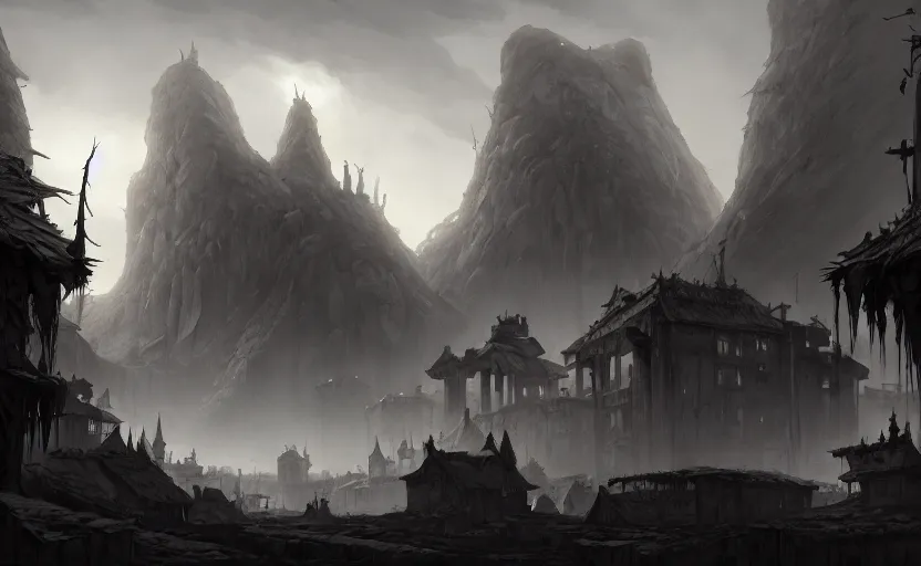 Image similar to epic concept art depicted an ancient cursed town | | art by jakub rebelka and tyler edlin | | dramatic mood, overcast mood, dark fantasy environment | | trending on artstation, unreal engine, hyperreal movie shot