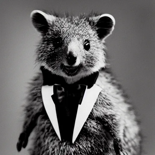 Image similar to a quokka wearing a tuxedo, antique black and white photograph