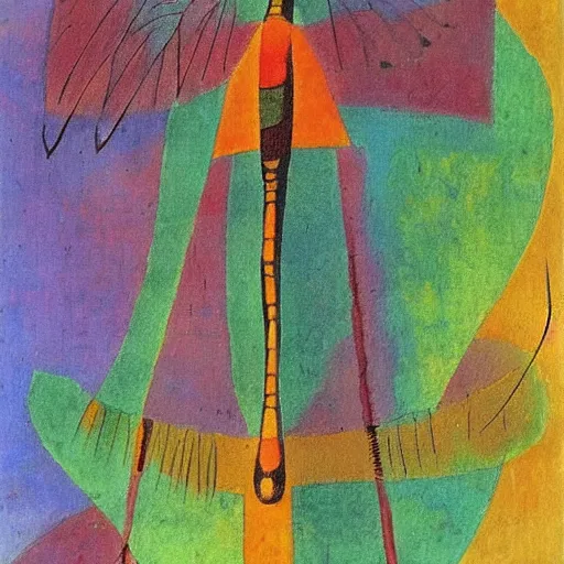 Image similar to a painting of a killer dragonfly by paul klee, intricate detail