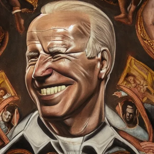 Image similar to a church mural depicting joe biden as a god, 4 k, highly detailed, painted by michelangelo