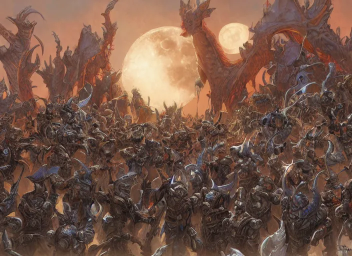 Image similar to beautiful as the moon, terrible as an army with banners. art by tyler edlin and donato giancola