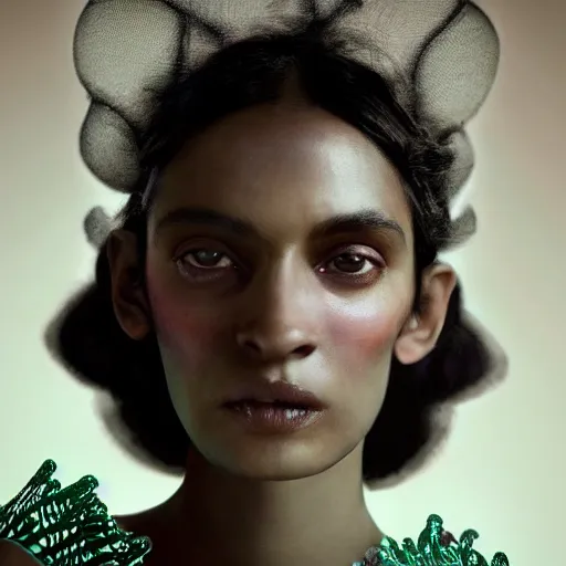 Image similar to a close - up shot of a brown woman wearing a luminous armor made of neon jelly fishes. extremely soft lighting. fragile. haunting eyes!! coherent face!! no makeup!! muted colors. by ray caesar. by louise dahl - wolfe. by andrea kowch. surreal photography