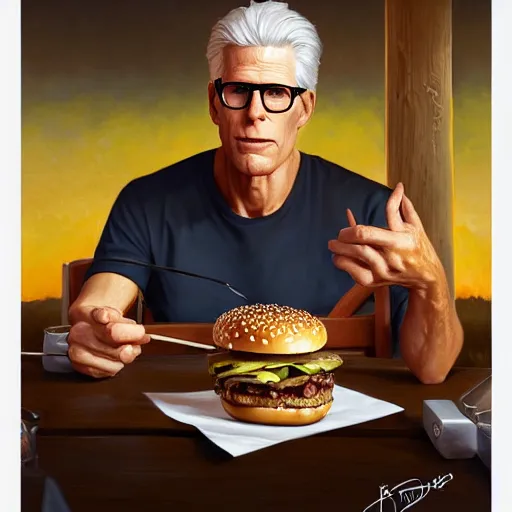 Image similar to portrait of ted danson eating hamburgers, extra onions and ketchup, luscious patty with sesame seeds, feminine ethereal, handsome, d & d, fantasy, intricate, elegant, highly detailed, digital painting, artstation, concept art, matte, sharp focus, illustration, art by artgerm and greg rutkowski and alphonse mucha