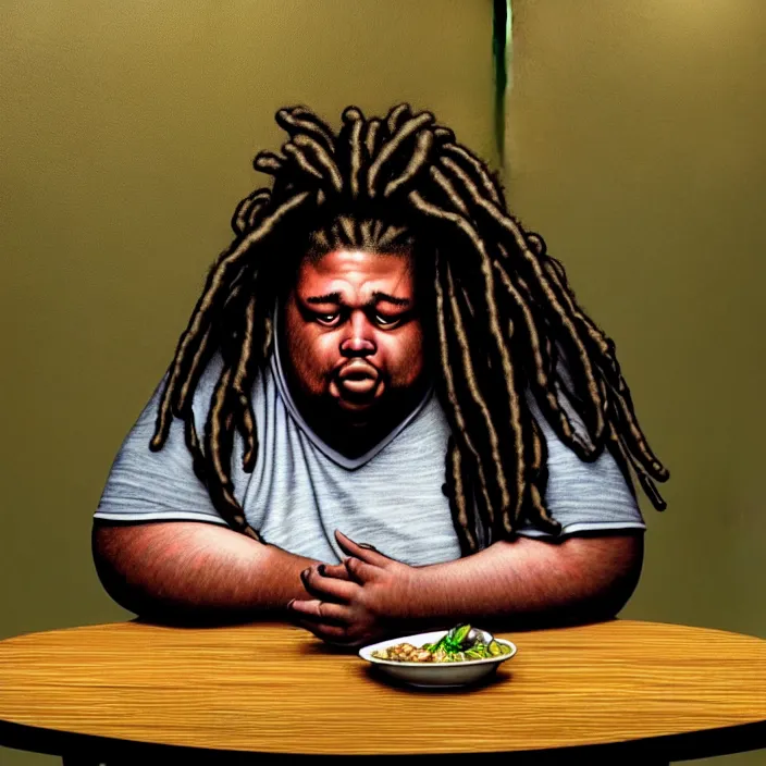 Image similar to hyperrealistic mixed media portrait of a moridly obese black man with dreads being sitting alone at a restaurant, depressing and hopeless vibe, stunning 3d render inspired art by P. Craig Russell and Barry Windsor-Smith + perfect facial symmetry + dim volumetric lighting, 8k octane beautifully detailed render, post-processing, extremely hyperdetailed, epic composition, grim yet sparkling atmosphere, cinematic lighting + masterpiece, trending on artstation