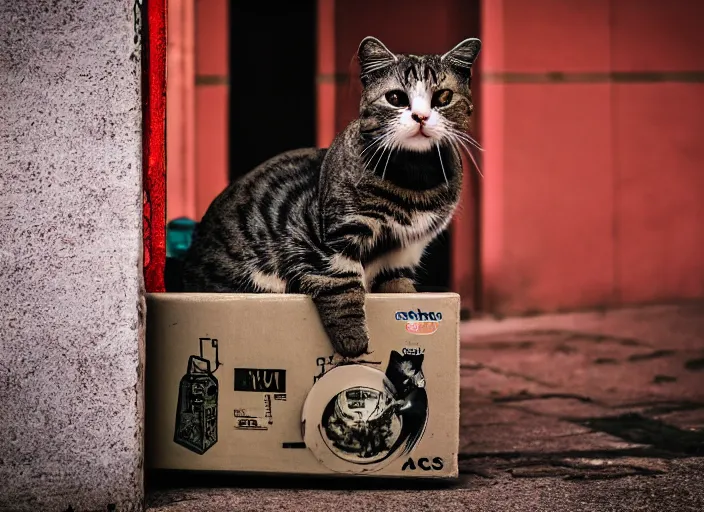 Image similar to photography of a Cat sitting on a box. in a cyberpunk street, award winning photo, colors, 100mm, sharp, high res