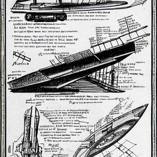 Prompt: Diagram of a spaceship, exploded view, marginalia, schematic