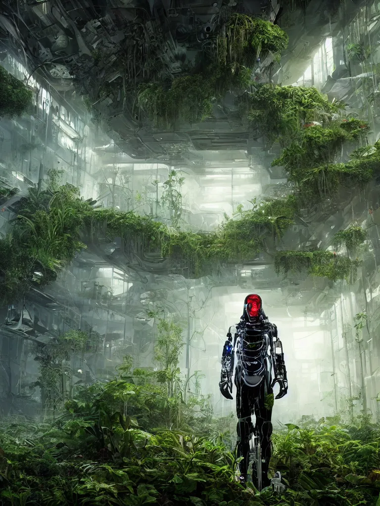 Prompt: portrait of a cyborg, standing in a hall of overgrown by plants cyberpunk megacomplex; hyperrealistic, 4K wallpaper, cinematic lighting, highly detailed and beautiful