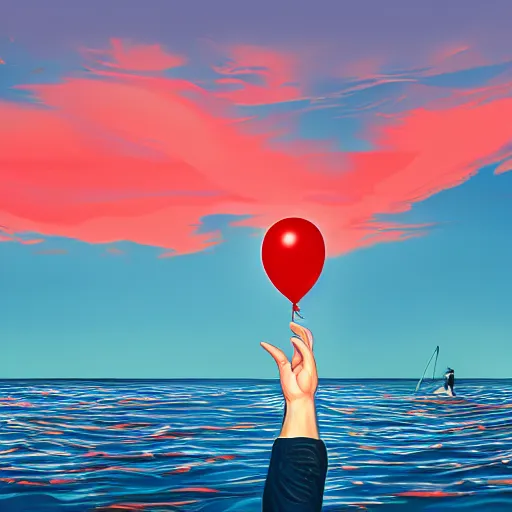 Image similar to album art of a hand holding a balloon coming out the water with a red sky by chris bilheimer, moody, digital art