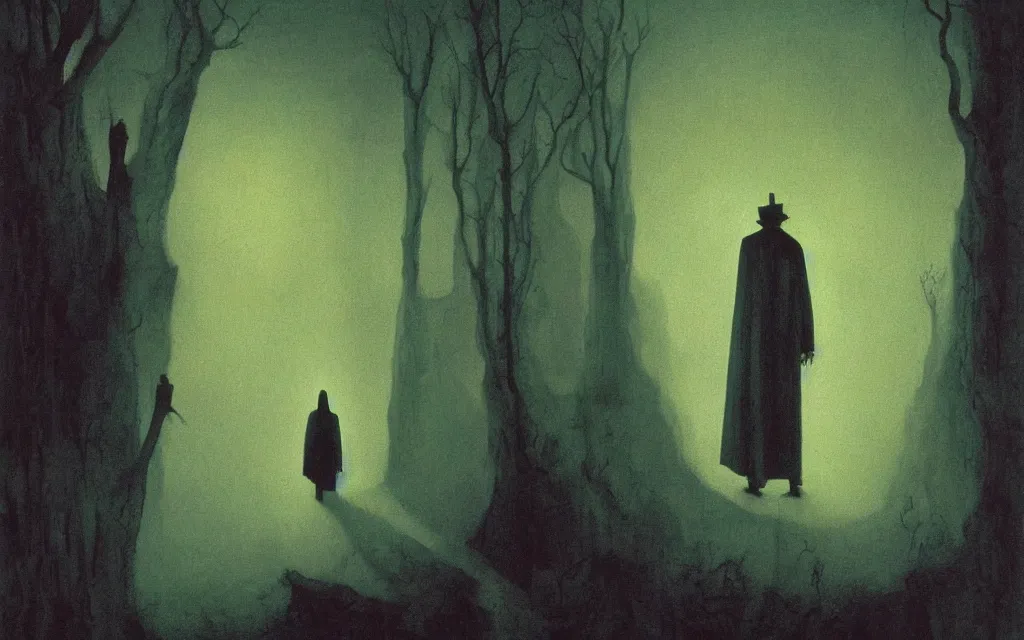 Prompt: high quality high definition colorized movie still from The Cabinet of Doctor Caligari: a ghost walking alone at night in the woods, high quality oil painting by zdzisław beksiński, iridescent color palette chromatic aberration