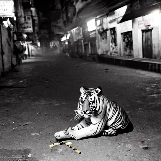 Image similar to photograph of a tiger smoking a joint in the streets of Dhaka at night