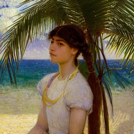 Image similar to a ultradetailed beautiful painting of a girl in the amazonas palace designed by jules bastien - lepage, hans belmer, frank weston and gustave baumann, beach, trending on artstation, mediterranean, palm trees, light sparkles, sharp focus, soft light, 8 k 4 k