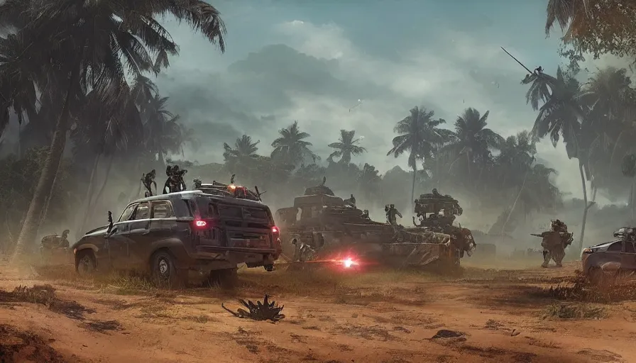 Image similar to a militarized police vehicle riding through a kerala village, troops searching the area, furious action scene, an epic fantasy, dramatic lighting, cinematic, establishing shot, extremely high detail, photorealistic, cinematic lighting, artstation, matte painting, octane render, by simon stalenhag, shadow of the tomb raider