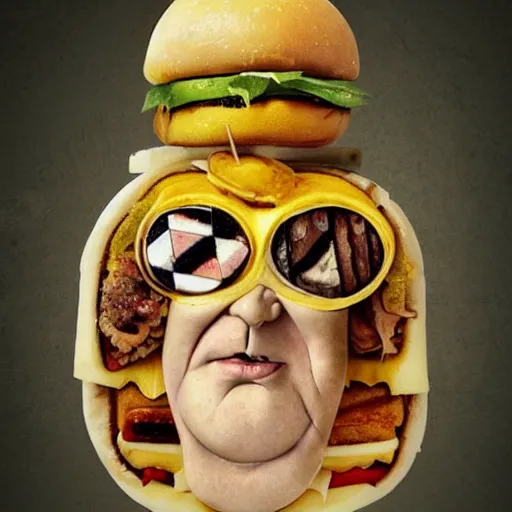 Image similar to a amazing new surrealist hybrid of the pope mixed with an anthropomorphic cheeseburger made of the popes face by kandinskali and catrin welz - stein, melting cheese, steamed buns, grilled artichoke, sliced banana, salami, milk duds, licorice allsort filling