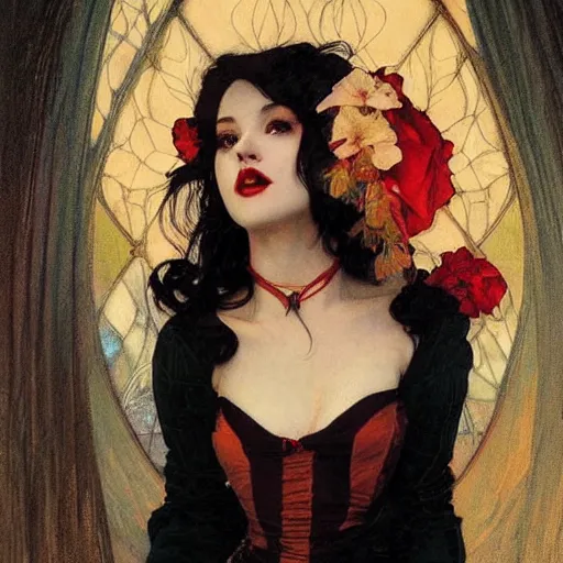 Image similar to portrait of a very beautiful vampire by Stanley Artgerm Lau , greg rutkowski, thomas kindkade, alphonse mucha, loish, norman rockwell, J. C. Leyendecker. dark black hair, pale skin, detailed eyes, red lips, cracks around the eyes and mouth. Trending on artstation rule of thirds extremely detailed 1800s oil painting hd 4k