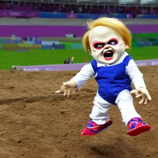 Image similar to screaming chucky doll doing long jump at the olympics