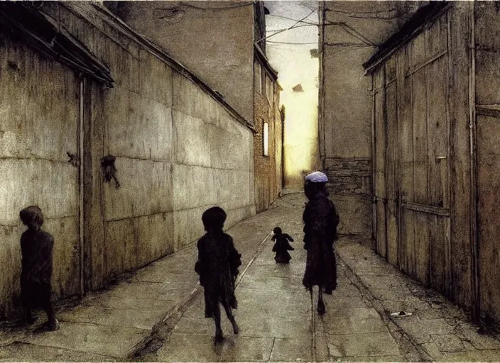 Prompt: dark alley full of poor children who live on the street, painting by andrew wyeth and alan lee, very detailed, somber mood,