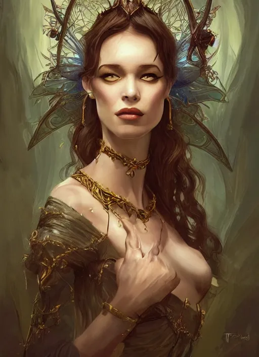 Image similar to tarot!!, fairy queen, fantasy medieval, no noise, elegant, concept art, sharp focus, beautiful face!!, digital art, smooth defined outlines!!, by Brom, trending on Artstation, Tom Bagshaw, Sargent