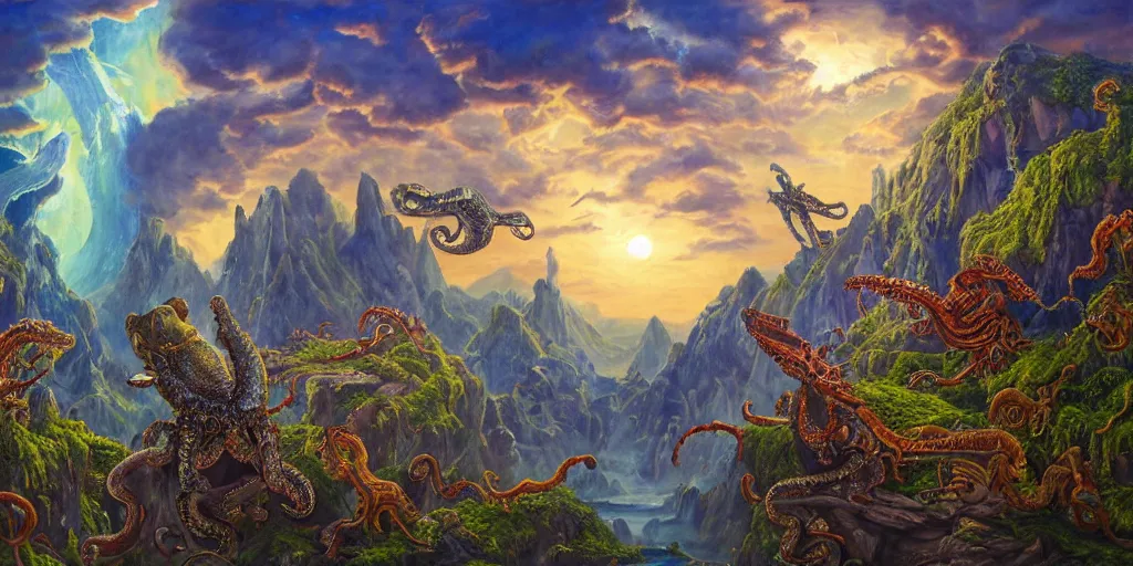 Prompt: fantasy oil painting, great leviathan, cybernetic turtle cephalopod terrapin reptilian pachyderm squid, bella hadid, hybrid, milla jovovich, anubis, epic natural light, lush plants flowers, spectacular mountains, bright clouds, luminous sky, outer worlds, golden hour, michael cheval, edward hopper, michael whelan, vray, hd