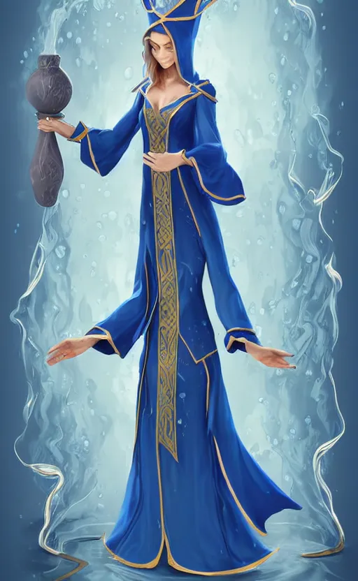 Image similar to elf female sorcerer doing water magic spells, blue robes, exquisite details, full body character design on a white background, by studio muti