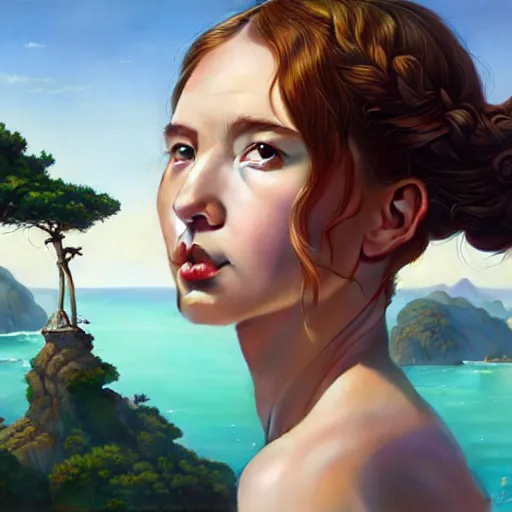 Image similar to a beautiful scenic painting by artgerm and wlop and wes anderson and spike jonze