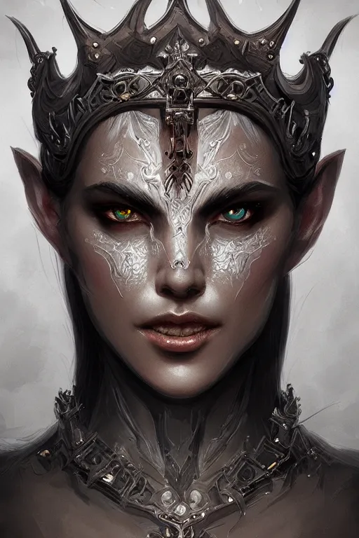 Image similar to highly detailed portrait of an elegant demon, ornate crown, beautiful symmetrical face, glowing skin, digital painting, artstation, concept art, smooth, clear focus, illustration, greg rutkowski, artgerm, global lighting, detailed and fantasy